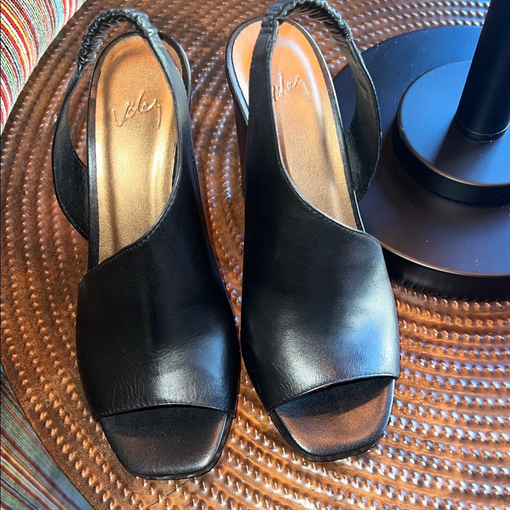 Black Leather Slingback Open-Toe Heels